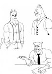 5_fingers anthro claws clothed clothing finger_claws fingers fur grin hands_in_both_pockets humanoid_hands male necktie paper pen smile solo teeth bernielover blacksad john_blacksad domestic_cat felid feline felis mammal 2023 hi_res monochrome