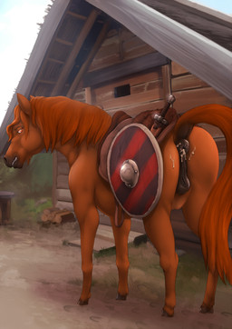 after_anal after_sex anatomically_correct anatomically_correct_genitalia anatomically_correct_vulva animal_genitalia animal_vulva anus bodily_fluids brown_body brown_fur building butt cum cum_in_ass cum_inside cum_on_butt detailed_background equine_anus equine_genitalia equine_vulva female feral fur gaping gaping_anus genital_fluids genitals grin hooves house looking_at_viewer looking_back melee_weapon mount naughty_face orange_eyes outside presenting puffy_anus quadruped saddle shield sky smile solo sword teeth vulva weapon lizardlars equid equine horse mammal 2016 digital_media_(artwork) hi_res