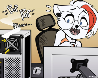 anthro big_glasses blue_eyes chair cheek_tuft chest_tuft clothed clothing computer computer_monitor computer_mouse computer_tower ear_piercing electronics eyewear facial_tuft fangs female fur furniture glasses hair highlights_(coloring) monitor open_mouth orange_clothing orange_shirt orange_tank_top orange_topwear piercing red_highlights round_glasses scared shirt short_hair simple_background sitting smoke solo tank_top teeth topwear tuft white_body white_fur white_hair foxboy83 tootaloo vixen_logic arctica_(vixen_logic) arctic_fox canid canine fox mammal true_fox 5:4 colored digital_media_(artwork) flat_colors hi_res