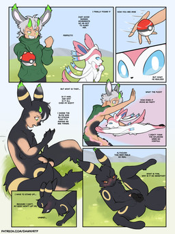 animal_genitalia animal_vulva anthro balls black_body black_fur canine_genitalia canine_vulva clothing dialogue duo erection female feral forced forced_transformation fur gender_transformation genitals genitals_shrinking hair magic male mtf_transformation nipples nude penile penis penis_shrinking pokeball pokemon_speak pokemon_transformation profanity sex simple_background species_transformation tail text tongue transformation transformation_sequence verbal_reaction_to_tf vulva dawnyr nintendo pokemon eeveelution generation_2_pokemon generation_6_pokemon human mammal pokemon_(species) sylveon umbreon 3:4 absurd_res comic digital_media_(artwork) english_text hi_res url
