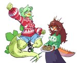 5_fingers anthro blue_eyes bottomwear breasts brown_hair cheek_spikes christmas_clothing christmas_sweater christmas_topwear clothing denim denim_bottomwear denim_clothing denim_shorts duo facial_horn facial_spikes female fingers fist food footwear green_body green_hair green_scales green_spikes hair head_spikes holding_plate holidays horn long_tail looking_at_viewer nose_horn open_mouth open_smile orange_body orange_scales plantigrade red_eyes scales shoes shorts simple_background skirt smile sneakers snout spiked_tail spikes spikes_(anatomy) sweater tail tail_plates tamales topwear white_body white_scales aaaaaron cavemanon_studios christmas goodbye_volcano_high snoot_game rosa_(gvh) stella_(gvh_beta) aquilops ceratopsian dinosaur ornithischian prehistoric_species reptile scalie stegosaurian stegosaurus thyreophoran colored