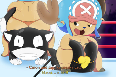 antlers bending black_body black_eyes black_fur black_tie_(suit) boston_crab bulge clenched_teeth clothed clothing detailed_bulge dialogue duo feral fight fighting_ring fur genital_outline headgear headwear hooves horn male male/male markings mask paws pear-shaped_figure penis_outline semi-anthro short_stack submission_hold suit tail tail_markings teeth text thong topless topless_male underwear white_body white_fur wide_hips wrestling gayoshie_(artist) peterheat atlus megami_tensei one_piece persona_(series) persona_5 sega morgana_(persona) tony_tony_chopper deer domestic_cat felid feline felis mammal new_world_deer reindeer 3:2 cel_shading digital_drawing_(artwork) digital_media_(artwork) english_text hi_res shaded