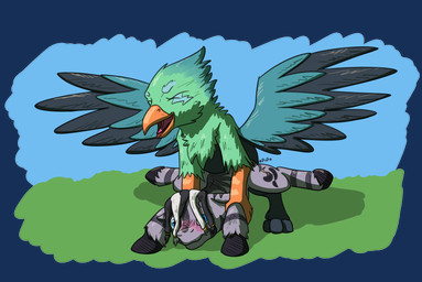 accessory alternate_species anal anal_penetration avian_feet beak blue_eyes blush cutie_mark dreadlocks duo feathered_wings feathers feral grey_body hair_accessory hair_tie hooves male mane one_eye_closed paws penetration stripes wings doesnotexist gyrotech hasbro my_little_pony mythology ruzeth zuthal avian equid equine gryphon mammal mythological_avian mythological_creature zebra absurd_res alpha_channel digital_media_(artwork) hi_res