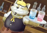 alcohol anthro bartender beverage eyebrows eyewear facial_hair fur glass goggles grin male mustache necktie short_stack smile solo thick_eyebrows yellow_body yellow_fur kay_46_nrb lifewonders live_a_hero procy canid canine canis domestic_dog mammal