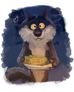 anthro casual_nudity claws cute_fangs eyebrows fangs fluffy food front_view fur fuzzy grey_body grey_fur hallaca happy heart_symbol holding_food holding_object looking_at_viewer male outside plate pointy_ears prick_ears round_eyes simple_background smile solo standing tail teeth underbelly yellow_eyes vistrou intermarche_unloved albert_(intermache_unloved) canid canine canis mammal wolf digital_media_(artwork) digital_painting_(artwork) hi_res painting_(artwork)