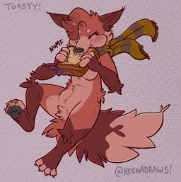 4_fingers 4_toes anthro arm_tuft bangs black_pawpads breasts brown_body brown_fur circle_eyebrows claws crotch_tuft eating eating_food elbow_tuft eyebrows eyes_closed featureless_breasts feet female finger_claws fingers fluffy food fur jelly_(food) knee_tuft leg_tuft medium_breasts onomatopoeia orange_body orange_fur pawpads paws peanut_butter peanut_butter_and_jelly_sandwich sandwich_(food) scarf simple_background solo sound_effects tan_body tan_fur text toe_claws toes tuft keenadraws toasty_the_fox canid canine fox mammal red_fox true_fox digital_drawing_(artwork) digital_media_(artwork) full-length_portrait hi_res portrait