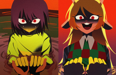 5_fingers anthro blonde_hair bodily_fluids brown_hair clothing detailed_background duo female fingers hair hand_holding horn long_hair male male/female open_mouth pg5374 red_eyes red_nose smile snowgrave sunset sweat sweatdrop sweater teeth tongue topwear deltarune undertale_(series) kris_dreemurr noelle_holiday deer human mammal 2026 hi_res