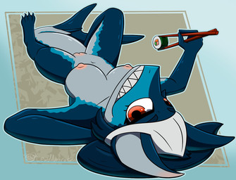 anthro areola blue_body blue_hair blush body_blush breasts chopsticks clothing countershade_torso countershading female food genitals hair headgear headwear holding_chopsticks holding_object kerchief looking_at_viewer lying meat medium_breasts navel nipples non-mammal_breasts non-mammal_hair non-mammal_navel non-mammal_nipples non-mammal_vulva nude nude_female on_back pink_nipples red_eyes sashimi simple_background smile solo sushi tail teeth vulva vulva_blush unbroken_lewds sonja_(flawedspirit) aquatic fish mackerel_shark mako_shark shark white_shark 2026 digital_drawing_(artwork) digital_media_(artwork) hi_res