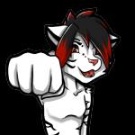 anthro black_hair fist fur hair highlights_(coloring) looking_at_viewer male open_mouth piercing pink_nose red_eyes red_highlights solo sticker tongue tongue_piercing white_body white_fur somersby telegram marvain felid mammal pantherine tiger 1:1 alpha_channel