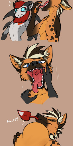 4_fingers anthro anthro_pred anthro_prey athletic athletic_anthro athletic_male biped black_claws black_nose black_outline blue_eyes blue_sclera brown_body brown_fur brown_hair brown_spots cheek_tuft claws countershade_torso countershading duo exclamation_point eyes_closed facial_tuft fangs fingers front_view fur fur_tuft gloves_(marking) grey_background grey_body grey_countershading grey_hair hair half-closed_eyes head_first heart_(marking) heart_symbol heart_tail in_mouth inner_ear_fluff looking_aside looking_at_another looking_at_viewer looking_away male male_pred male_prey markings motion_lines multicolored_body multicolored_fur multicolored_hair narrowed_eyes neck_bulge neck_tuft nude onomatopoeia open_mouth oral_vore outline partially_inside red_body red_fur red_hair red_skin red_tongue same_size_vore short_hair side_view simple_background soft_vore sound_effects spade_tail spots standing swallowing tail tail_markings tan_background tan_body tan_fur teeth text thin_tail three-quarter_view tongue tongue_out tuft uvula vore white_claws white_text willing_prey yawn lunlunfox mythology rei'ok_(superpianoman929) seifer_(character) dragon hyena mammal mythological_creature mythological_scalie scalie spotted_hyena 2020 absurd_res bust_portrait comic digital_media_(artwork) english_text half-length_portrait hi_res multiple_scenes portrait