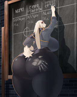 anthro big_breasts big_butt black_eyebrows breasts brick_wall butt chalk chalkboard claws clothed clothing detailed_background ears_down eyebrows female finger_claws fully_clothed fur glistening glistening_clothing hand_print holding_object huge_breasts huge_butt huge_thighs long_ears looking_at_viewer looking_back looking_back_at_viewer orange_eyes pivoted_ears raised_arm rear_view rolled_up_sleeves scut_tail short_tail small_waist smile smiling_at_viewer solo spank_marks standing tail thick_thighs tight_clothing wall_(structure) white_body white_fur writing_text hiverdose last_fables eni_siverets_(last_fables) hare lagomorph leporid mammal digital_media_(artwork) hi_res