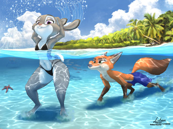 anthro beach bikini biped butt clothed clothing cloud day detailed_background duo female female_anthro fully_submerged fur grey_body grey_fur looking_at_viewer male male_anthro outside palm_tree partially_submerged plant sand sky smile swimming swimming_trunks swimwear tail thick_thighs topwear tree two-piece_swimsuit underwater water waterline_view link6432 disney zootopia judy_hopps nick_wilde ambient_fish ambient_sealife ambient_shark ambient_starfish canid canine canis fox lagomorph leporid mammal rabbit red_fox true_fox 4:3 digital_media_(artwork) hi_res redraw