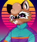 anthro brown_body brown_fur clothed clothing detailed_background fur male purple_eyes solo topwear anonymous_artist outrun mammal procyonid raccoon 2020 portrait