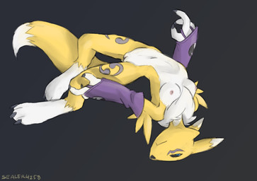 anthro armwear armwear_only black_sclera breasts bridal_gauntlets bridal_gauntlets_only claws clothing elbow_gloves feet female fox_tail fur genitals gloves handwear markings mostly_nude mostly_nude_anthro mostly_nude_female neck_tuft nipples paws simple_background small_breasts solo tail toes tuft vulva white_body white_fur yellow_body yellow_fur sealer4258 bandai_namco digimon canid canine digimon_(species) fox mammal renamon digital_media_(artwork) hi_res
