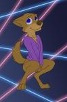 1980s_theme anthro blue_eyes bottomless brown_body brown_fur clothed clothing crouching female flat_chested fur hoodie laser laser_background solo topwear young young_anthro misterpickleman taylor_knight canid canine canis domestic_dog mammal absurd_res hi_res