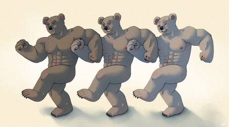 abs action_pose anthro claws eyebrows fur grey_body grey_fur grey_skin group intertwined male muscular muscular_male nipples pecs pink_nipples pose raised_leg silly_face silly_pose simple_background small_ears small_eyes smile thick_eyebrows trio ravuer koala mammal marsupial vombatiform absurd_res hi_res