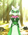 detailed_background eyeshadow female florest fur green_body green_fur makeup mas mask pink_eyes pink_nose plant red_eyes solo tree unmasking gritezaa555_(artist) nintendo pokemon aika domestic_cat felid feline felis generation_9_pokemon mammal meowscarada pokemon_(species) hi_res