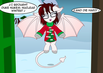 brown_hair christmas_clothing clothing dialogue eyewear fangs female feral glasses hair holidays membrane_(anatomy) membranous_wings rectangular_glasses solo spade_tail sweater tail teeth text topwear wings badumsquish christmas hasbro my_little_pony fan_character tanith_(badumsquish) demon equid equine mammal absurd_res english_text hi_res