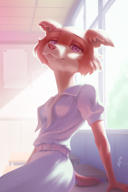 anthro breasts brown_body brown_fur clothed clothing day desk female fur furniture humanoid_hands inside looking_at_viewer mouth_closed nipple_outline purple_eyes school sitting small_breasts smile solo table tail uniform white_clothing window wulfruna beastars juno_(beastars) canid canine canis mammal wolf absurd_res digital_media_(artwork) hi_res