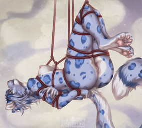4_toes 5_fingers accessory anthro areola bdsm blue_body blue_clothing blue_eyes blue_hair blue_spots bondage bound breasts clothing feet female fingers fur furniture genitals grey_body grey_fur hair hands_tied legs_tied looking_at_viewer markings nipples restraints rope rope_bondage rope_harness simple_background smile solo spots spotted_body spotted_fur submissive submissive_anthro submissive_female suspension tail text toes tuft vulva white_body white_fur renebruni microsoft the_elder_scrolls m'ria_(maks_hunt) felid feline khajiit leopard mammal pantherine snow_leopard 2024 hi_res url
