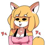 anthro big_breasts blep breasts clothing female heart_symbol pink_clothing pink_shirt pink_topwear shirt simple_background solo tongue tongue_out topwear fenillavee butterscotch_(peargor) canid canine canis domestic_dog mammal shiba_inu spitz hi_res