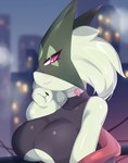 anthro big_breasts breasts clothed clothing female fur green_body green_fur looking_at_viewer smile solo under_boob himimi nintendo pokemon felid feline generation_9_pokemon mammal meowscarada pokemon_(species) hi_res