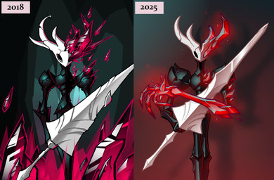 ambiguous_gender anthro big_hands big_shoulders comparison corruption cracked_skull crystal crystal_horn detailed_background horn huge_arms huge_sword long_legs pseudo_horn segmented_body simple_background small_waist solo wasp_waist eidel-elias-weise hollow_knight_(franchise) team_cherry fan_character arthropod insect absurd_res hi_res remake