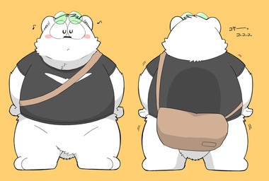 anthro backpack belly biped black_nose blush clothing eyes_closed eyewear glasses kemono overweight shirt simple_background solo topwear white_body gayousi7 bear mammal polar_bear ursine 2022 hi_res