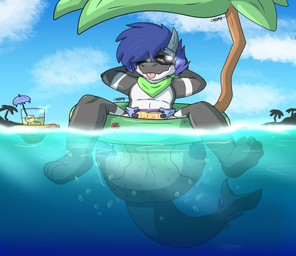anthro diaper fart_bubbles feces male partially_submerged pooping soiled_diaper soiling soiling_diaper solo swim_ring unclean_diaper used_diaper using_diaper water hyper_rexy hybrid hi_res