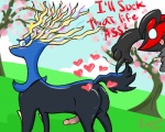 ! 2013 4_fingers <3 all_fours ambiguous_gender antlers black_fur blue_eyes blue_fur blush butt cervine cloud deer english_text erection feral fur grey_fur happy horn humor legendary_pokémon looking_down male mammal nintendo outside penis pink_penis plant pointing pokémon presenting presenting_hindquarters red_fur ringersoul shadow shiny sky smile standing text tongue tongue_out tree video_games white_eyes wood xerneas yveltal
Rating: Explicit
Score: 10
User: forkU
Date: November 06, 2013