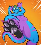 anthro blue_body claws collar feet foot_focus glistening glistening_pawpads gradient_background green_eyes green_hair hair heart_symbol heterochromia horn low-angle_view macro male markings pawpads pink_claws plantigrade purple_body purple_eyes raised_leg simple_background slightly_chubby solo stripes tail worm's-eye_view zoom_lines zipzap koizumi_kobold kobold scalie hi_res signature