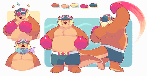 anthro biped bottomwear brown_body clothing eating eyes_closed male musclegut muscular overweight overweight_male shorts solo greenendorf mammal mustelid otter 2015 hi_res