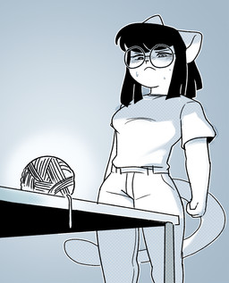 anthro ball_of_yarn black_hair bodily_fluids bottomwear breasts clothed clothed_anthro clothed_female clothing eyewear female female_anthro frown fur furniture glasses hair heterochromia light low-angle_view mouth_closed narrowed_eyes pants round_glasses shirt simple_background solo sweat table tail topwear wearing_glasses yarn conditional_dnp sonokido sonoracers mika_shinohara domestic_cat felid feline felis khao_manee mammal 2022 digital_drawing_(artwork) digital_media_(artwork) english_description hi_res lighting