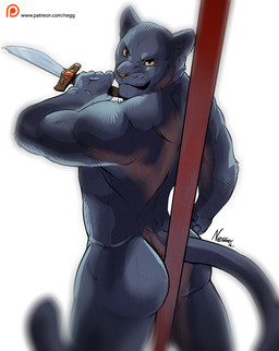 anthro back_muscles biceps black_body black_fur butt butt_focus butt_pose fur grin knife looking_at_viewer looking_back male melanistic muscular muscular_anthro muscular_male nude pole pose raised_arm rear_view simple_background smile solo standing text white_background negy felid jaguar mammal pantherine 2016 hi_res portrait signature three-quarter_portrait url
