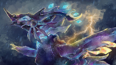 ambiguous_gender antlers blue_body blue_eyes detailed_background electricity feral flying glowing glowing_body grey_cloud horn lightning looking_up outside purple_body raining rim_lighting side_view snout solo wings yellow_body moonouno creatures_of_sonaria mythology fan_character dragon mythological_creature mythological_scalie scalie valkyrie_(creatures_of_sonaria) 16:9 detailed widescreen