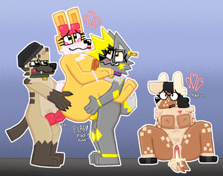 anthro antlers beanie big_nipples black_hair blonde_hair blush bodily_fluids bow_ribbon bracelet breasts brown_body brown_fur brown_nipples clothing collar cum cum_inside dialogue dizzy ear_piercing eyelashes eyewear female foursome freckled_face freckled_legs freckled_thighs freckles from_behind_position fur fur_markings gem genital_fluids genitals glasses gold_(metal) gold_jewelry green_collar green_eyes grey_body grey_fur grin group group_sex hair hand_on_butt hat headgear headwear heart_symbol held_by_legs held_by_waist held_up holding_person hooves horn hug hugging_another hugging_from_behind jewelry knot leaking_cum leaking_vagina lipstick lipstick_on_breast long_ears looking_at_another looking_pleasured looking_up makeup male male/female markings moan nipples nude orange_eyes orgy pearl_(gem) penis piercing pink_lipstick pink_penis plap pubes sex sitting sitting_on_ground smile tan_body tan_fur teeth text throbbing throbbing_penis white_body white_fur yellow_body yellow_fur zoyeensadart kipp_(zoyeensadart) molly_(zoyeensadart) stripes_(zoyeensadart) zo_(zoyeensadart) canid canine canis deer hybrid hyena lagomorph leporid mammal rabbit wolf english_text