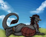 belly blue_background claws cloud feral grass grey_body highlights_(coloring) looking_at_viewer lying male on_ground on_side open_mouth oral_vore outside plant quadruped red_belly red_eyes red_highlights simple_background sky soft_vore solo tail tail_tuft tapering_tail tongue tuft vore yororo mythology darel dragon mythological_creature mythological_scalie scalie animated full-length_portrait loop portrait seamless_loop short_playtime