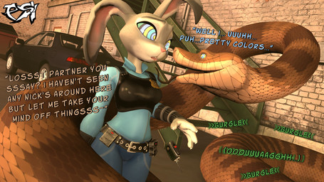 ambiguous_gender anthro belt breasts brown_body brown_scales clothed clothed_anthro clothed_female clothing dialogue digestion_noises duo eye_contact female female_prey feral fur grey_body grey_fur hypnosis hypnotic_eyes looking_at_another mind_control police police_badge police_officer ringed_eyes scales text vore psikokinetic warfaremachine_(modeler) disney the_jungle_book zootopia judy_hopps kaa_(jungle_book) european_rabbit indian_python lagomorph leporid mammal oryctolagus python rabbit reptile scalie snake 16:9 2025 3d_(artwork) digital_media_(artwork) english_text hi_res source_filmmaker_(artwork) widescreen