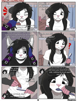 anthro black_body black_fur clothing dialogue duo female fur grey_body grey_fur pink_body pink_nose text white_body white_fur allartskye evelyne_(allartskye) kia_(allartskye) american_opossum domestic_cat felid feline felis mammal marsupial comic english_text hi_res url