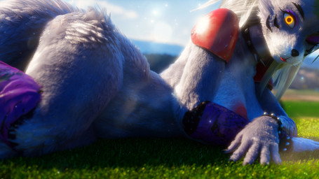 anthro areola arm_warmers armwear big_breasts blue_sky blurred_background bracelet breasts claws clothing collar day depth_of_field eyeshadow female fluffy fluffy_tail fur glowing glowing_eyes grass grey_body grey_fur hair jewelry leg_warmers legwear long_hair looking_at_viewer lying lying_on_ground makeup nipples on_ground on_side outdoor_nudity outside particles plant purple_arm_warmers purple_armwear purple_clothing purple_eyeshadow purple_leg_warmers purple_legwear realistic_fur red_areola red_nipples shoulder_pads sky solo spiked_collar spikes tail tongue tongue_out white_hair wide_hips yellow_eyeshadow mrs_dexie furromantic_(modeler) five_nights_at_freddy's five_nights_at_freddy's:_security_breach scottgames steel_wool_studios roxanne_wolf canid canine canis mammal wolf 16:9 3d_(artwork) 4k absurd_res digital_media_(artwork) hi_res widescreen