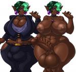 abs balls big_balls big_breasts big_penis breasts bulge dark_body dark_skin detailed_bulge ear_piercing ear_ring erection genital_outline genitals gynomorph hair hair_over_eye huge_breasts humanoid_pointy_ears intersex looking_at_viewer not_furry off/on one_eye_obstructed penis penis_outline piercing pointy_ears ring_piercing solo wide_hips adjatha trials_in_tainted_space arine_(tits) dzaan humanoid mammal hi_res