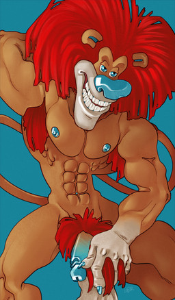 abs anthro armpit_hair athletic athletic_male balls big_chin blue_claws blue_eyes blue_glans blue_nipples blue_nose body_hair claws facial_markings fur genitals glans hairy_balls half-erect hand_behind_head head_markings male mane markings muscular muscular_arms muscular_male muzzle_(marking) nipples pecs penis pose pubes red_mane red_pubes showing_armpit simple_background sitting small_waist smile solo tan_body tan_fur white_muzzle ravuer the_wacky_world_of_tex_avery gengis_the_lion felid lion mammal pantherine absurd_res hi_res pinup