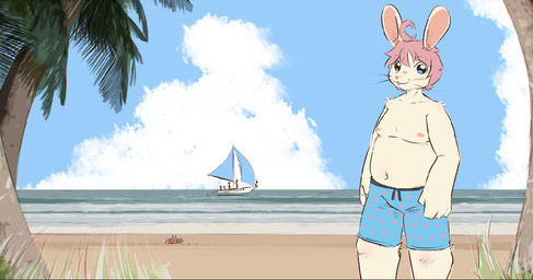 ahoge anthro bangs beach belly boat buckteeth clothing cloud grass hair male moobs nipples overweight overweight_male palm_tree pattern_clothing plant sailing_boat sailing_watercraft sand sea seaside slightly_chubby solo swimming_trunks swimwear teeth tree vehicle water watercraft whiskers urbanfoxgamer joshie_(calahootheyeen) ambient_arthropod ambient_crab ambient_crustacean ambient_sealife hare lagomorph leporid mammal rabbit