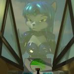 anthro black_nose blue_body blue_fur blue_hair breast_squish breasts clothed clothing cockpit female fur green_eyes hair looking_at_viewer smile solo squish tapping white_body white_fur themeshow101 nintendo star_fox krystal_(star_fox) canid canine fox mammal 1:1 2018 3d_(artwork) absurd_res digital_media_(artwork) hi_res