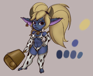 animal_print animal_print_bikini animal_print_thigh_highs bell bell_collar big_hair bikini blonde_hair blue_body blue_fur breasts clothing collar cow_print cow_print_armwear cow_print_bikini cow_print_thigh_highs ear_piercing ear_tag eyelashes female front_view fur grey_background hair hand_on_hip holding_object holding_weapon humanoid_pointy_ears legwear long_hair looking_at_viewer navel pattern_bikini pattern_clothing pattern_legwear pattern_swimwear pattern_thigh_highs piercing pigtails pointy_ears purple_eyes simple_background solo swimwear thick_thighs thigh_highs two-piece_swimsuit weapon wide_hips bluesparrow league_of_legends riot_games tencent poppy_(lol) humanoid yordle