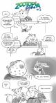 angry anthro benjamin_clawhauser black_and_white bodily_fluids buckteeth canid canine cheetah clothing comic computer darkgargo_(artist) dialogue disney ears_back ears_down electronics english_text exclamation_point eyes_closed felid feline female fox fur glare hi_res judy_hopps lagomorph leporid male male/female mammal markings monochrome nick_wilde open_mouth pivoted_ears police police_uniform rabbit red_fox simple_background smile speech_bubble spots spotted_body spotted_fur sweat sweatdrop teeth text tongue tongue_out true_fox uniform white_background zootopia