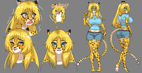anthro big_breasts big_butt blep blue_bottomwear blue_clothing blue_jeans blue_pants blush bottomwear breasts butt clothing denim denim_bottomwear denim_clothing female fur jeans looking_at_viewer markings pants solo spots spotted_markings tail tail_markings thick_thighs tongue tongue_out wide_hips yellow_body yellow_fur kayserend orchid_oropelt cheetah felid feline humanoid mammal alternate_version_at_source digital_drawing_(artwork) digital_media_(artwork) hi_res model_sheet