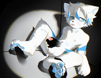 anthro blue_body blue_fur blue_pawpads bodily_fluids corner cum cum_from_ass cum_in_ass cum_inside cum_on_face cum_on_feet dark_room dim_lighting disembodied_hand disembodied_penis duo erection eyebrows feet foot_fetish foot_grab foot_play footjob forced fur genital_fluids genitals handjob holding_penis leaning_on_wall male male/male navel nipples pawpads penile penis sex spotlight tongue tongue_out wall_(structure) white_body white_eyebrows white_fur young young_anthro golden_fried_chicken_legs digital_media_(artwork)