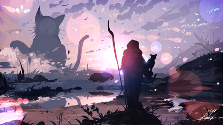 ambiguous_gender day detailed_background feral grass group outside plant sky standing sun trio_focus water ryky domestic_cat felid feline felis human mammal 16:9 2018 hi_res widescreen