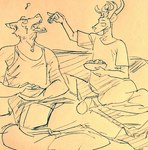 anthro antlers bowl clothed clothing container crossed_legs duo eating feeding_each_other fully_clothed horn male male/male open_mouth shirt sitting snack tank_top topwear wuffinarts beastars legoshi_(beastars) louis_(beastars) canid canine canis cervine deer mammal red_deer wolf